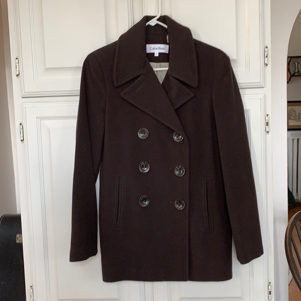 Calvin Klein Wool Cashmere Double Breasted Chocolate Brown Coat Jacket Sz 4